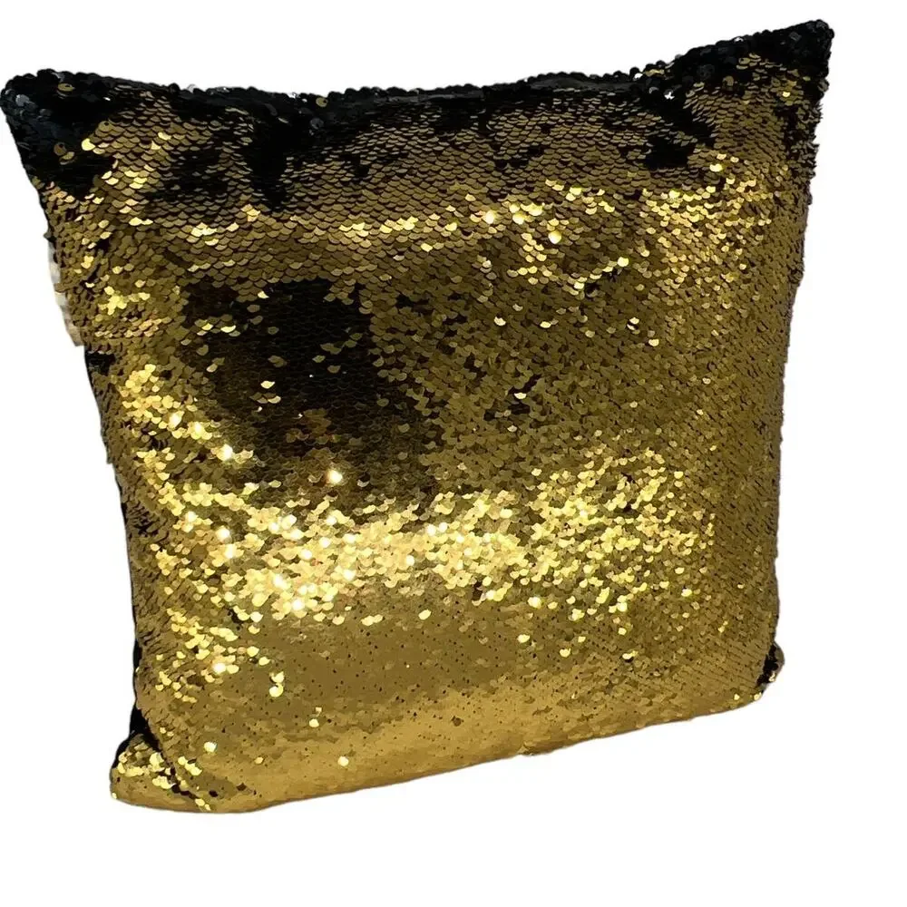 Square Sequin Magic Mermaid Throw Pillow Sparkling Black/Gold Color Shift -Black